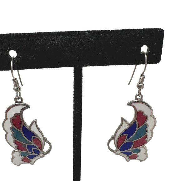 Cloisonne Earrings Butterfly‎ Moth Wire Pierced Enamel Silver Tone Angel Wings - Picture 1 of 4